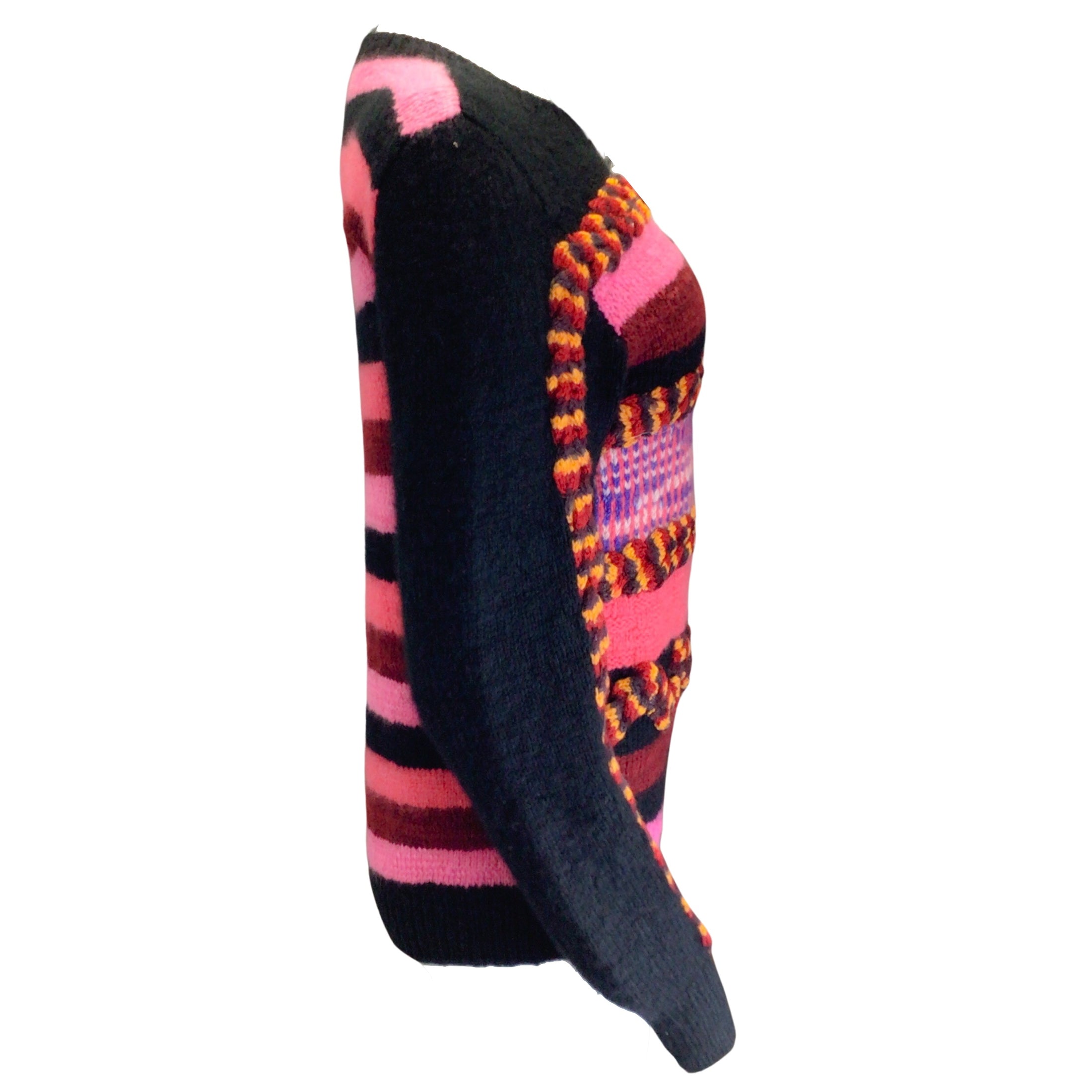 The Elder Statesman Black / Pink Multi Hand Knit 3D Mantra Crewneck Sweater