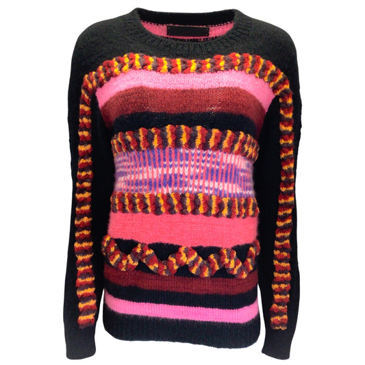The Elder Statesman Black / Pink Multi Hand Knit 3D Mantra Crewneck Sweater