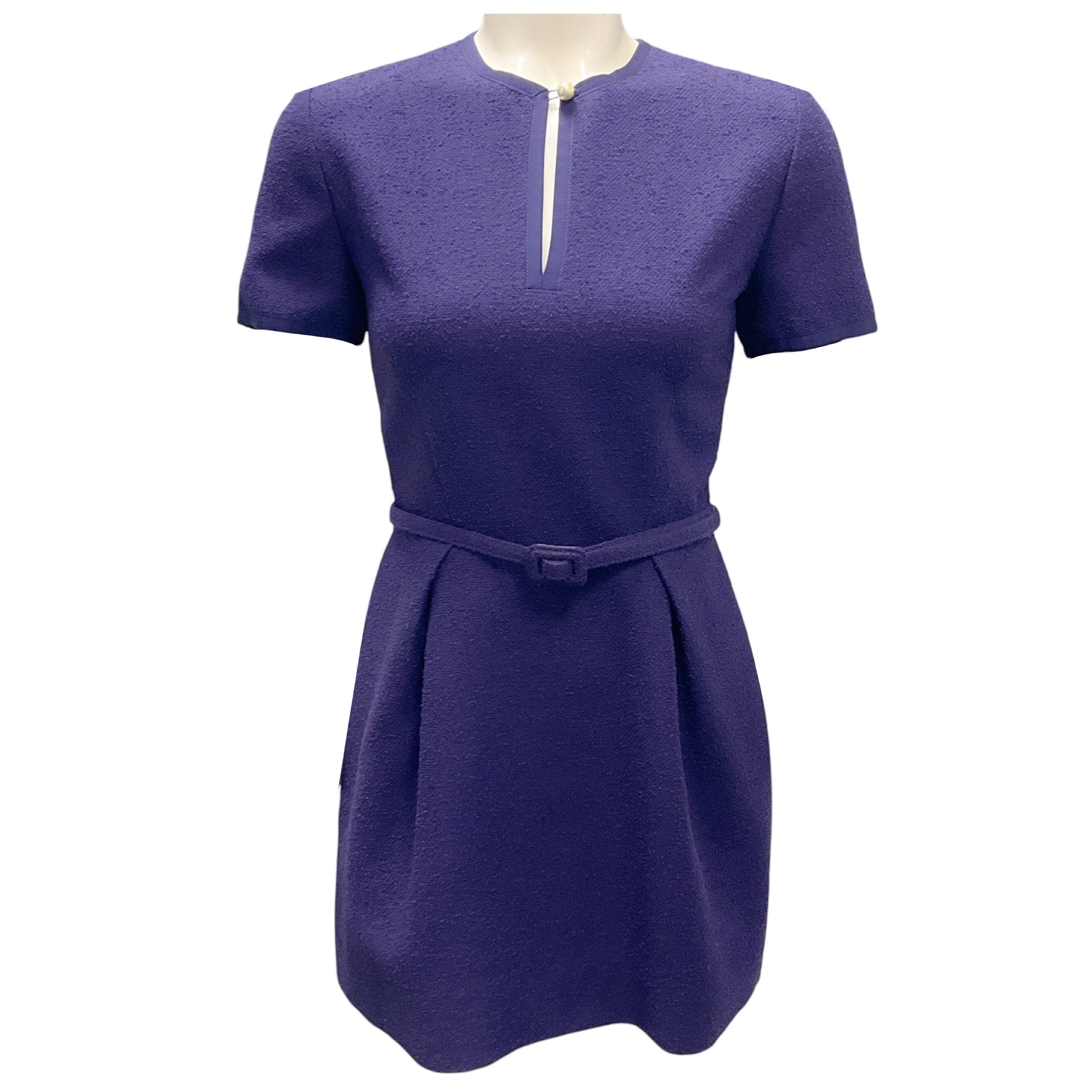Christian Dior Purple Short Sleeved Wool Tweed Mini Dress with Belt