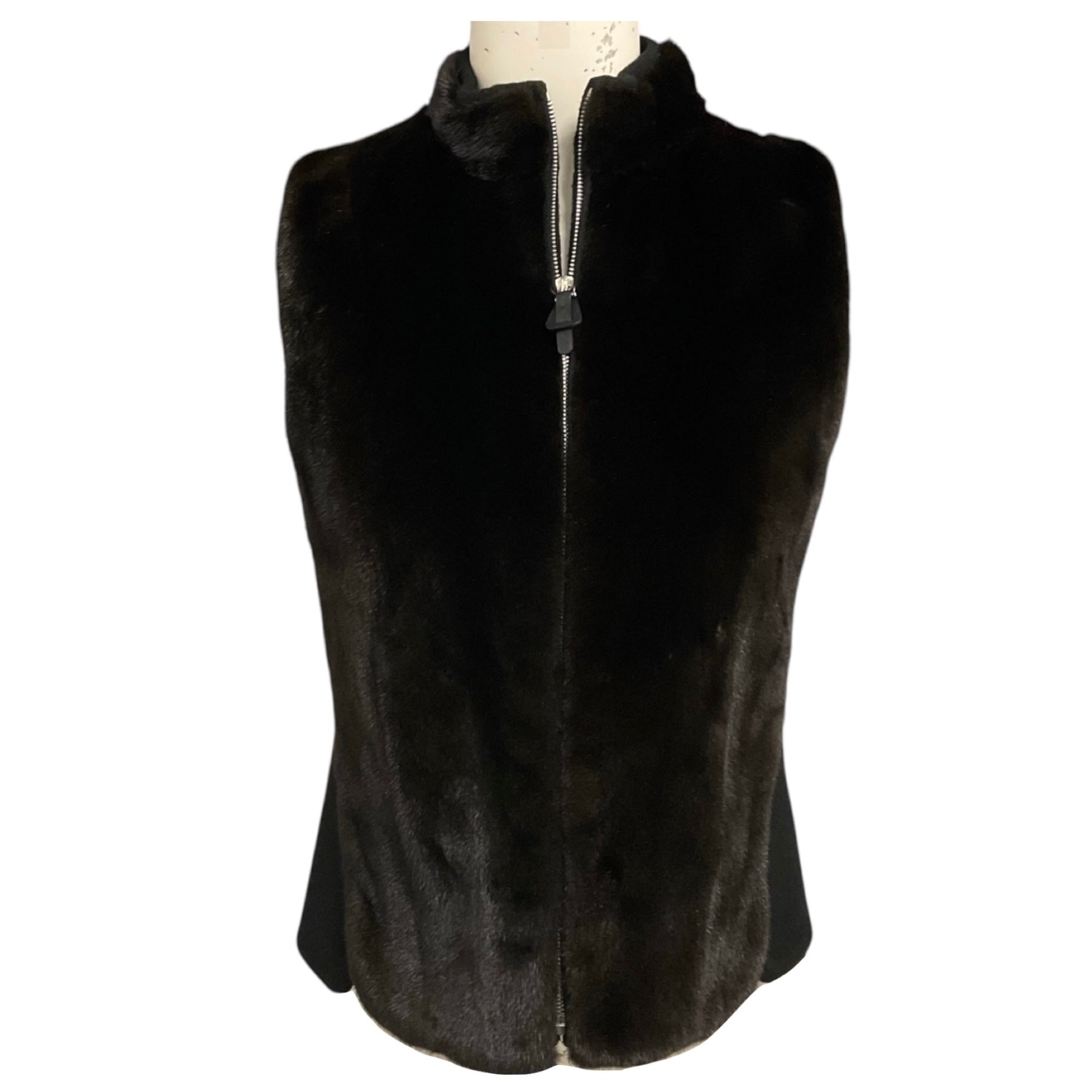 Hermes Black Zip Front Cashmere Vest with Brown Mink Fur and Calfskin Leather Details