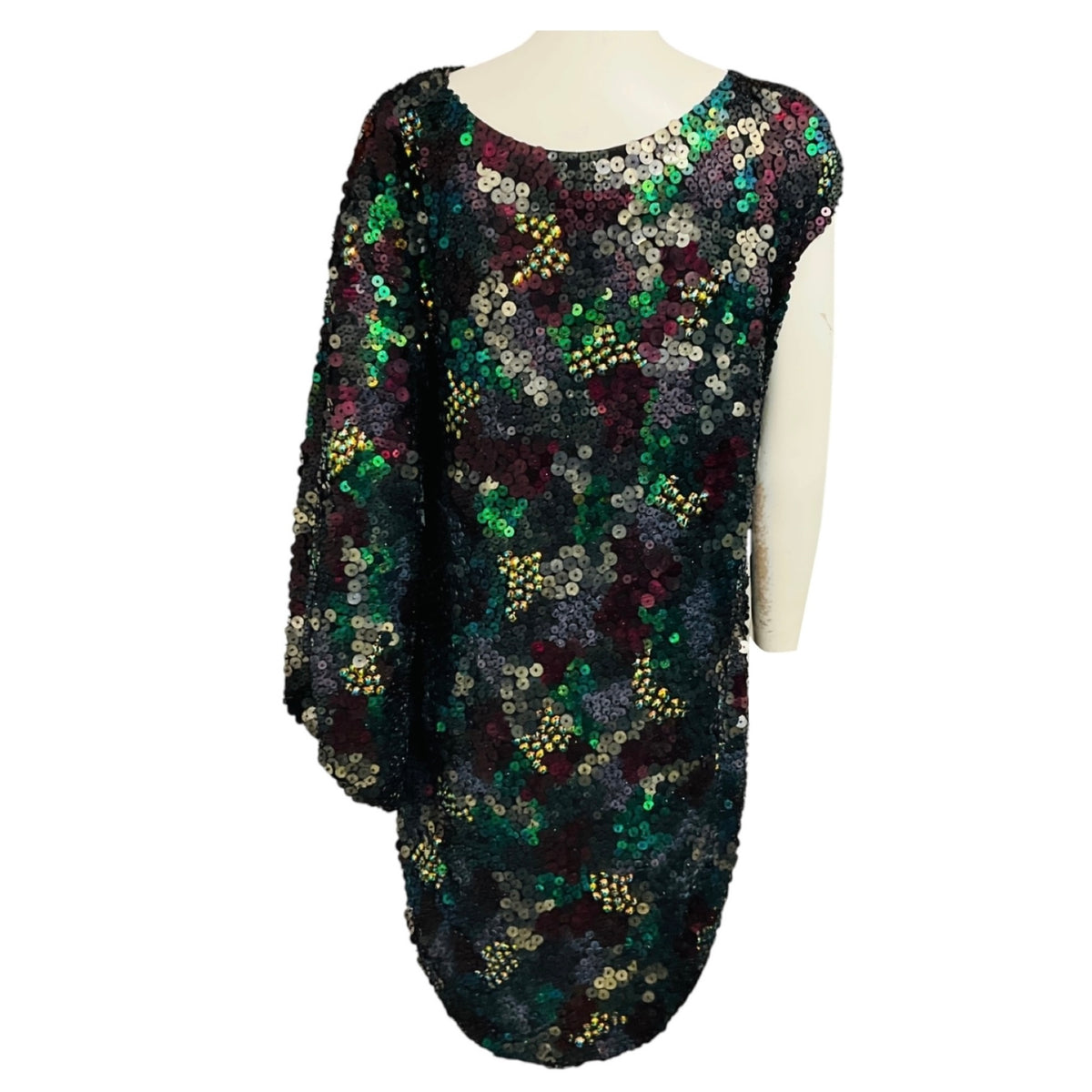 Malandrino by Catherine Malandrino Black / Purple / Green Multi Iridescent Sequined Asymmetrical Silk Dress