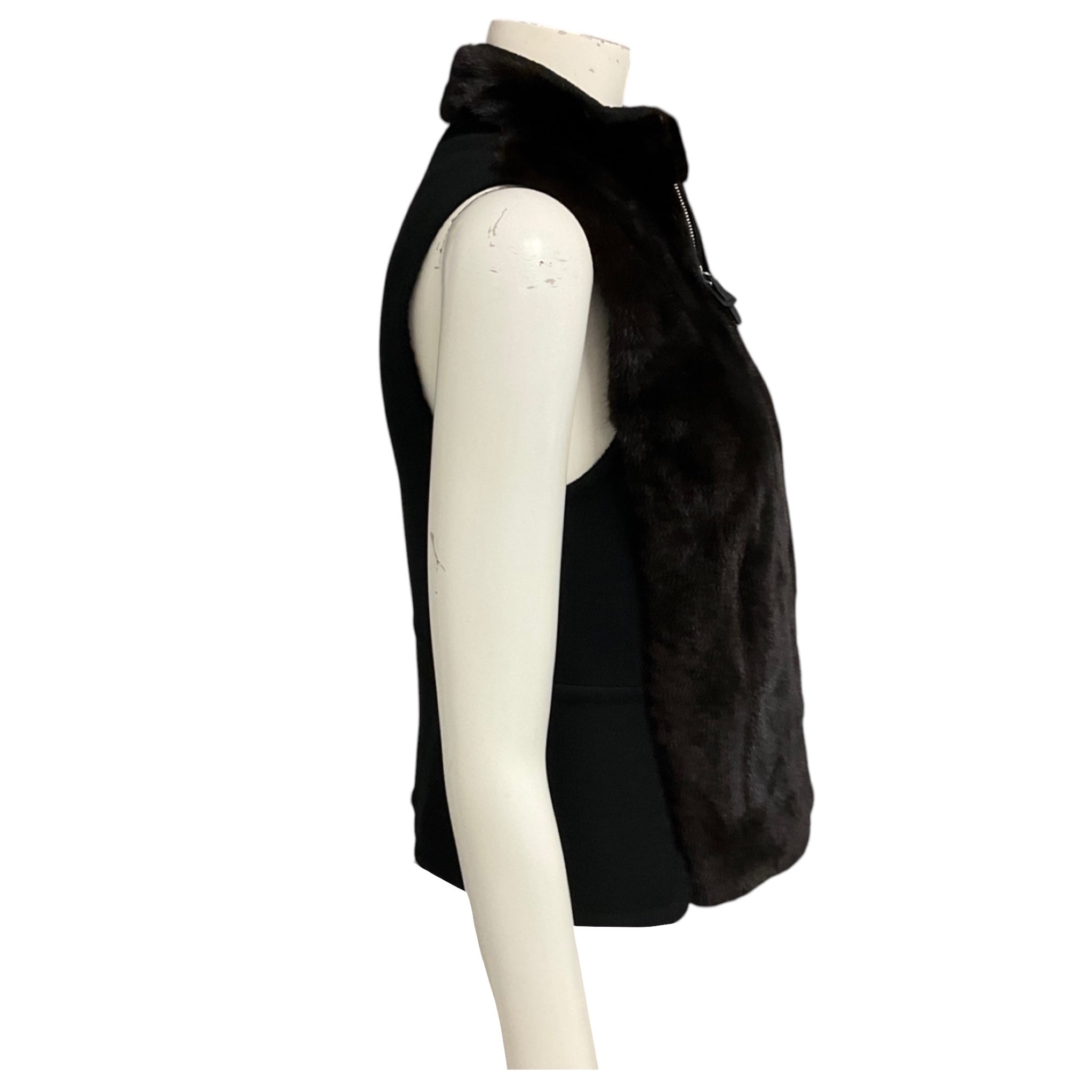 Hermes Black Zip Front Cashmere Vest with Brown Mink Fur and Calfskin Leather Details