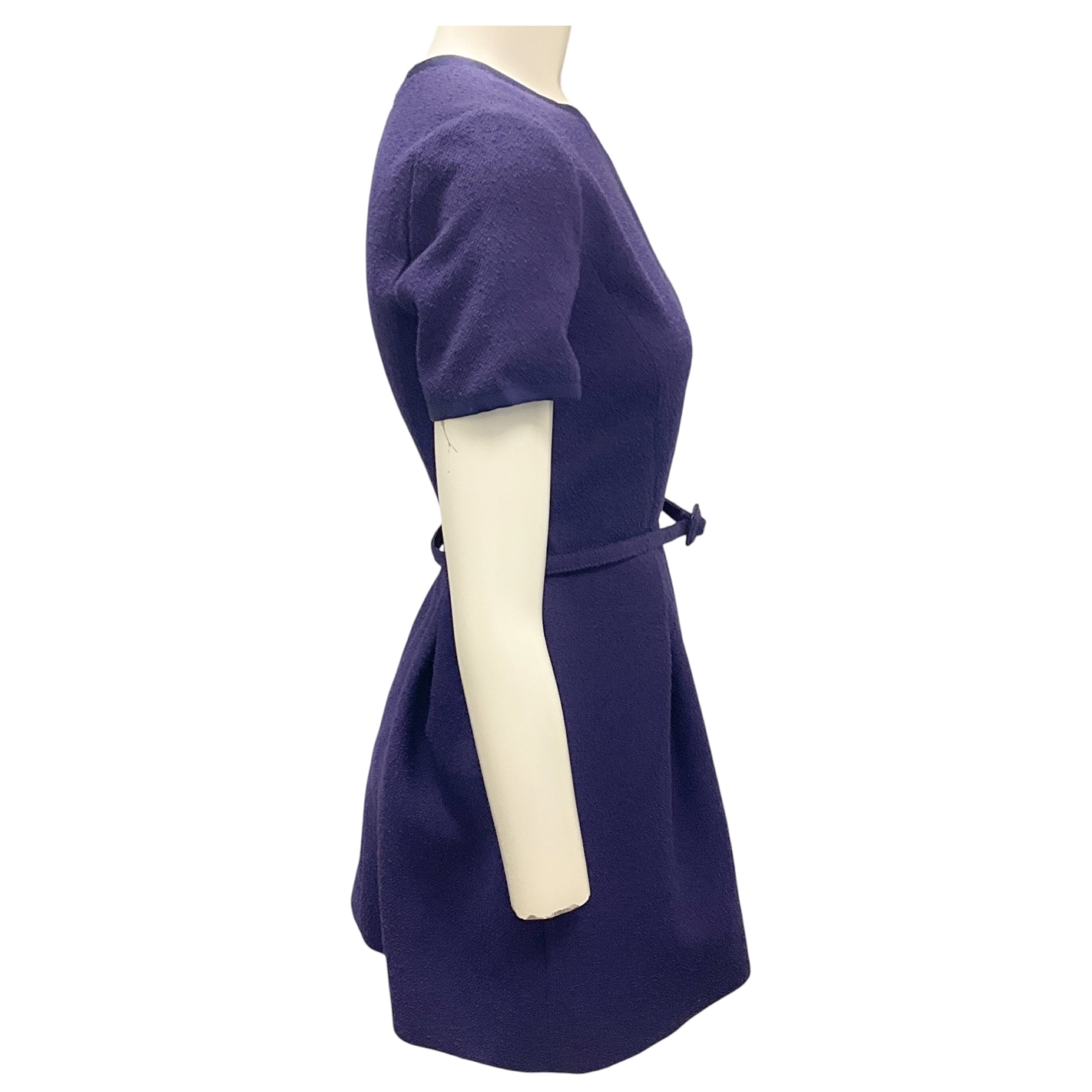 Christian Dior Purple Short Sleeved Wool Tweed Mini Dress with Belt