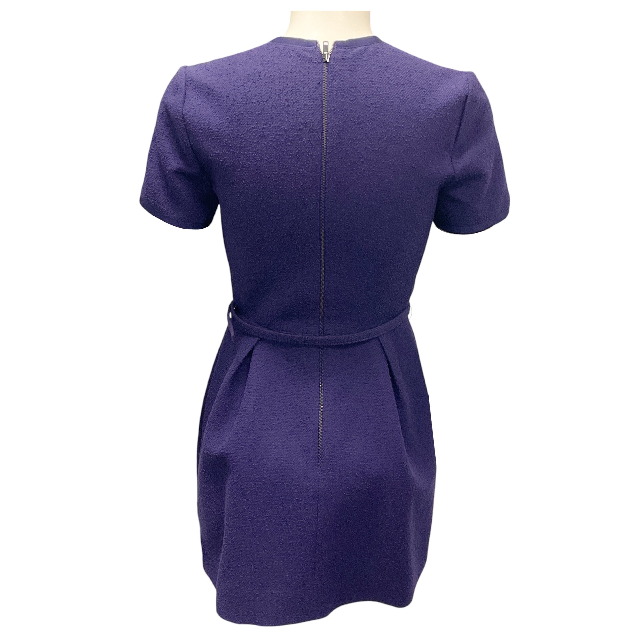 Christian Dior Purple Short Sleeved Wool Tweed Mini Dress with Belt