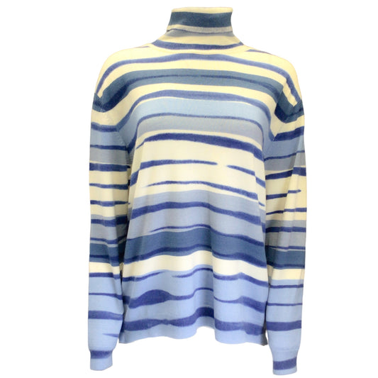 Prabal Gurung Blue / Ivory Striped Long Sleeved Wool and Cashmere Knit Turtleneck Sweater