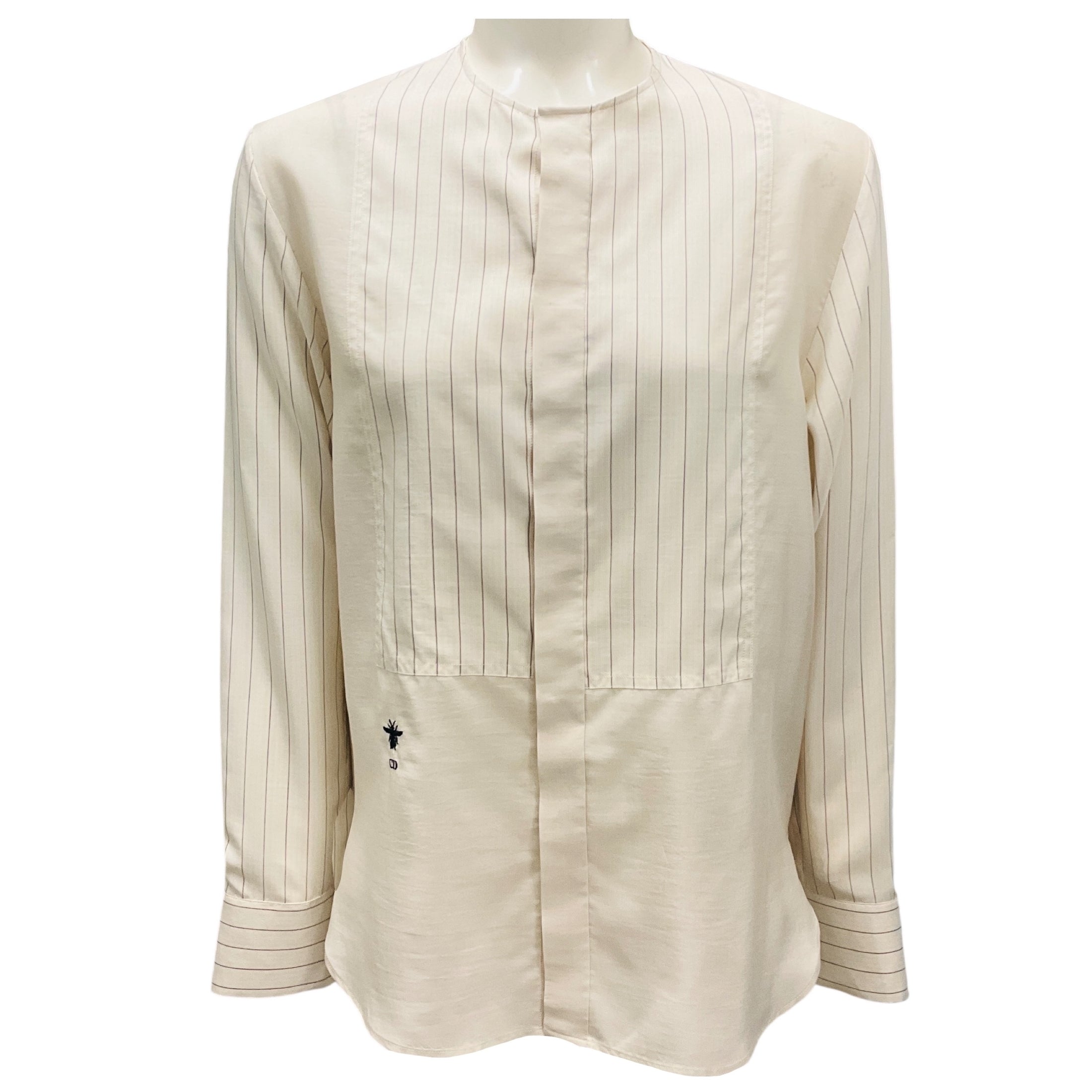 Christian Dior Ivory Pinstriped Bee Embroidered Silk Blouse