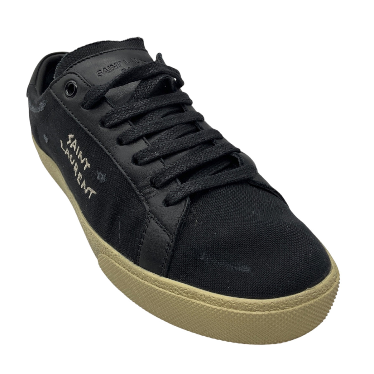 Saint Laurent Black Distressed Canvas and Smooth Leather Court Classic Sneakers