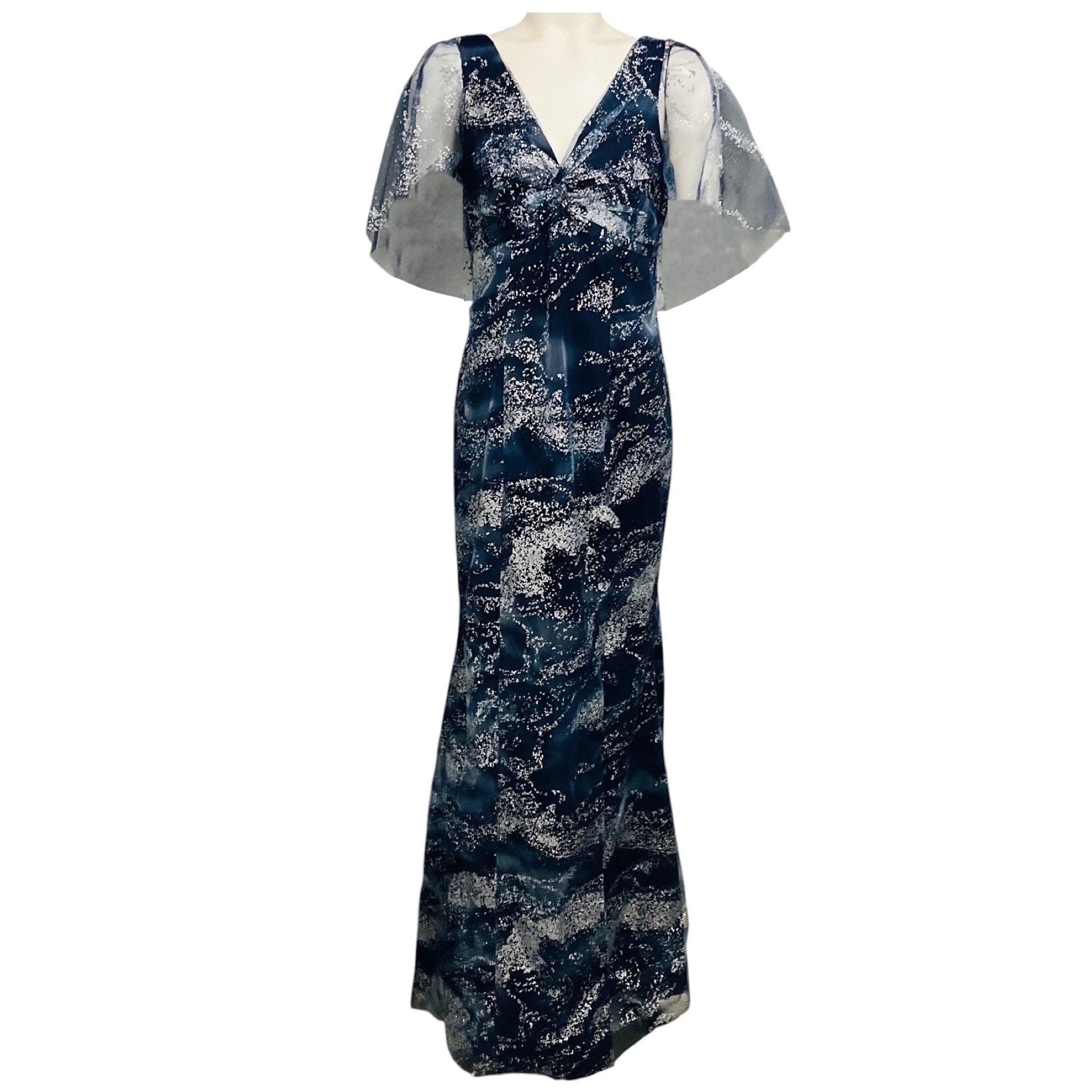 Marchesa Notte Navy Blue / Silver Cape Sleeve Glitter Tulle Gown / Formal Dress