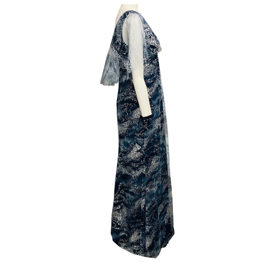 Marchesa Notte Navy Blue / Silver Cape Sleeve Glitter Tulle Gown / Formal Dress