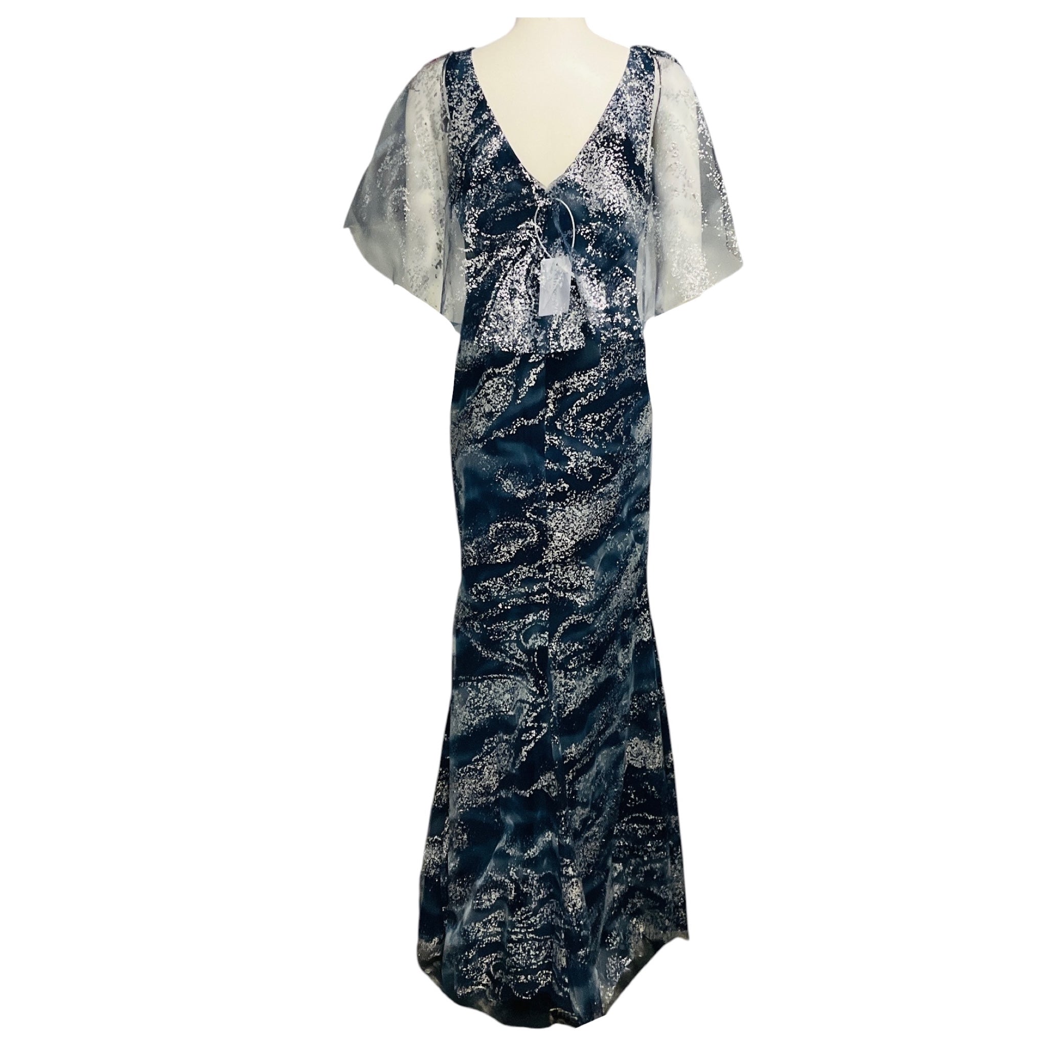 Marchesa Notte Navy Blue / Silver Cape Sleeve Glitter Tulle Gown / Formal Dress