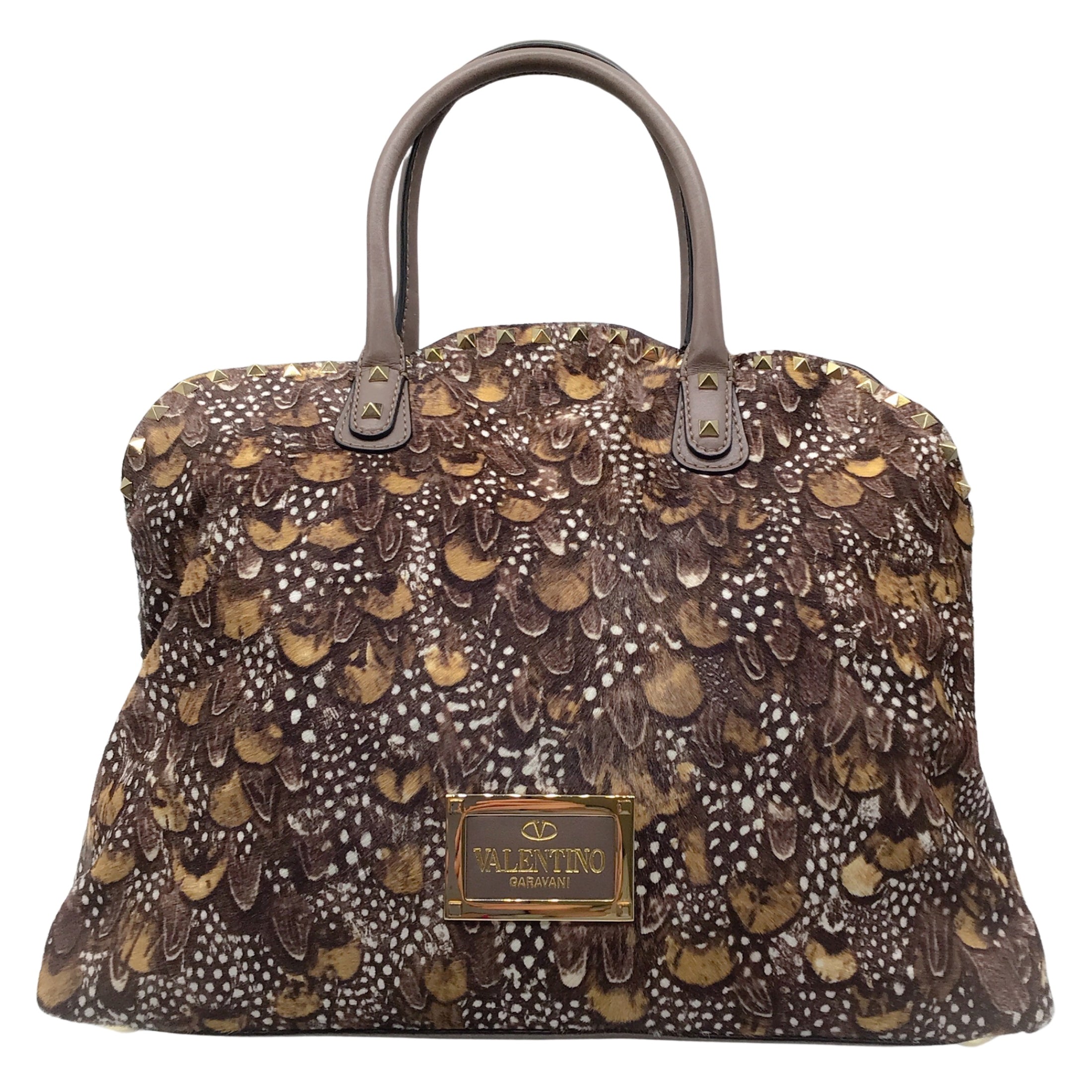 Valentino Brown Multi / Gold Rockstud Feather Printed Calf Hair Double Top Handle Handbag