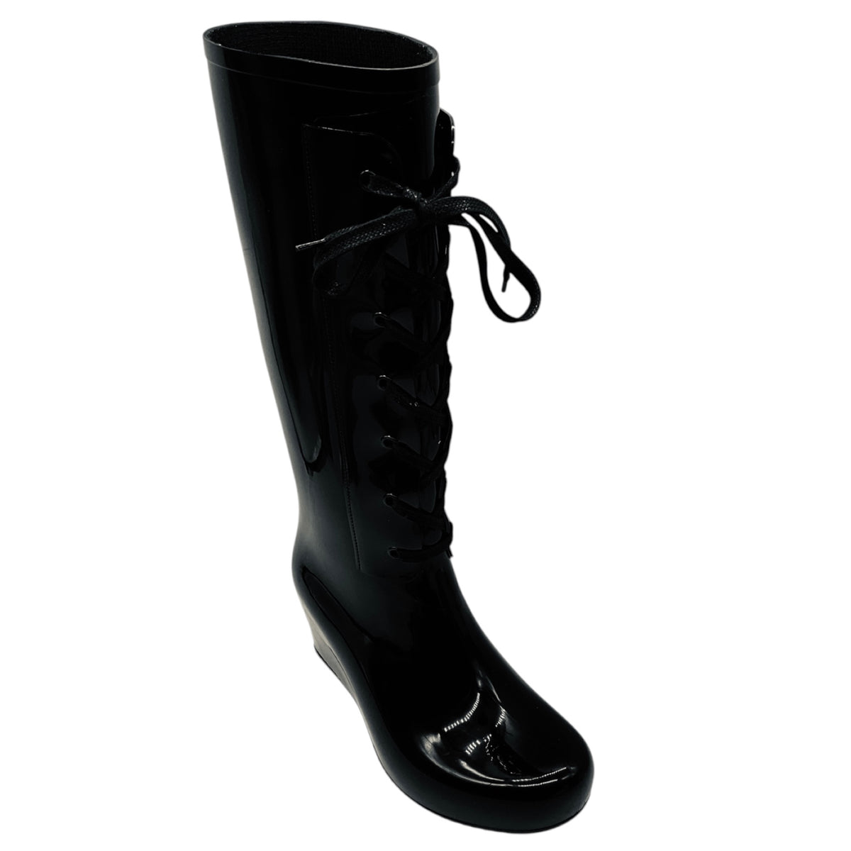 Saint Laurent Black Wedge Heel Lace Up Rubber Rain Boots