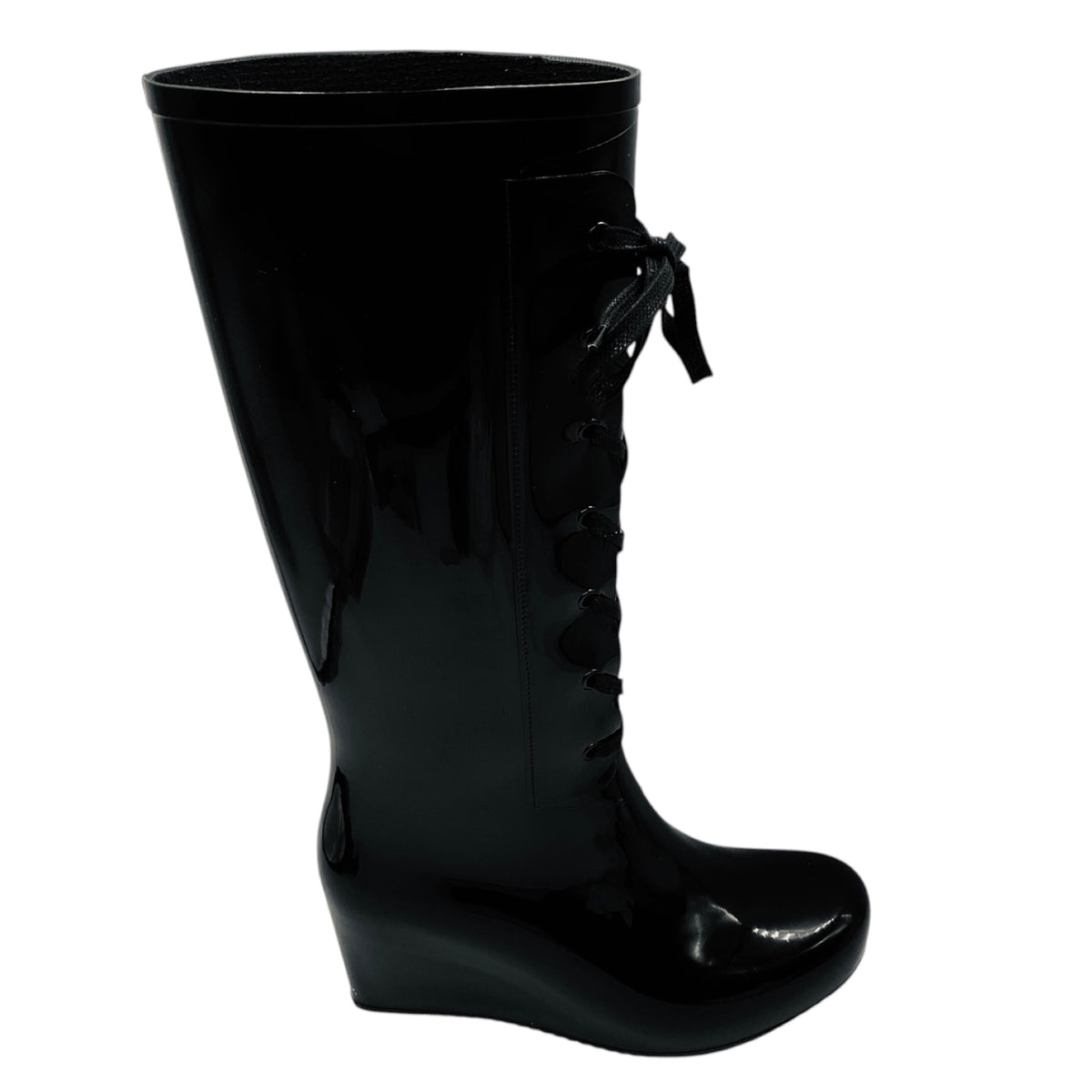 Saint Laurent Black Wedge Heel Lace Up Rubber Rain Boots