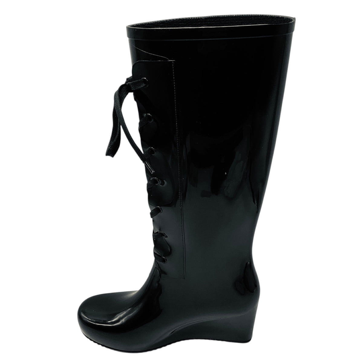 Saint Laurent Black Wedge Heel Lace Up Rubber Rain Boots