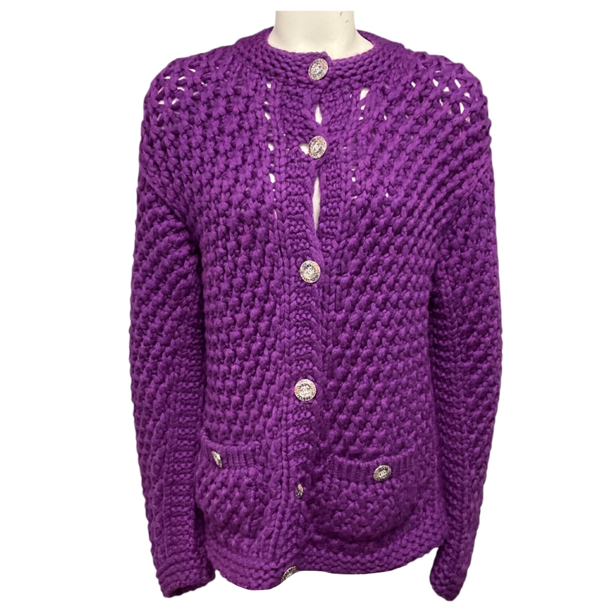 Chanel Purple Chunky Open Knit Cardigan Sweater with Rhinestone Embellished CC Logo Buttons