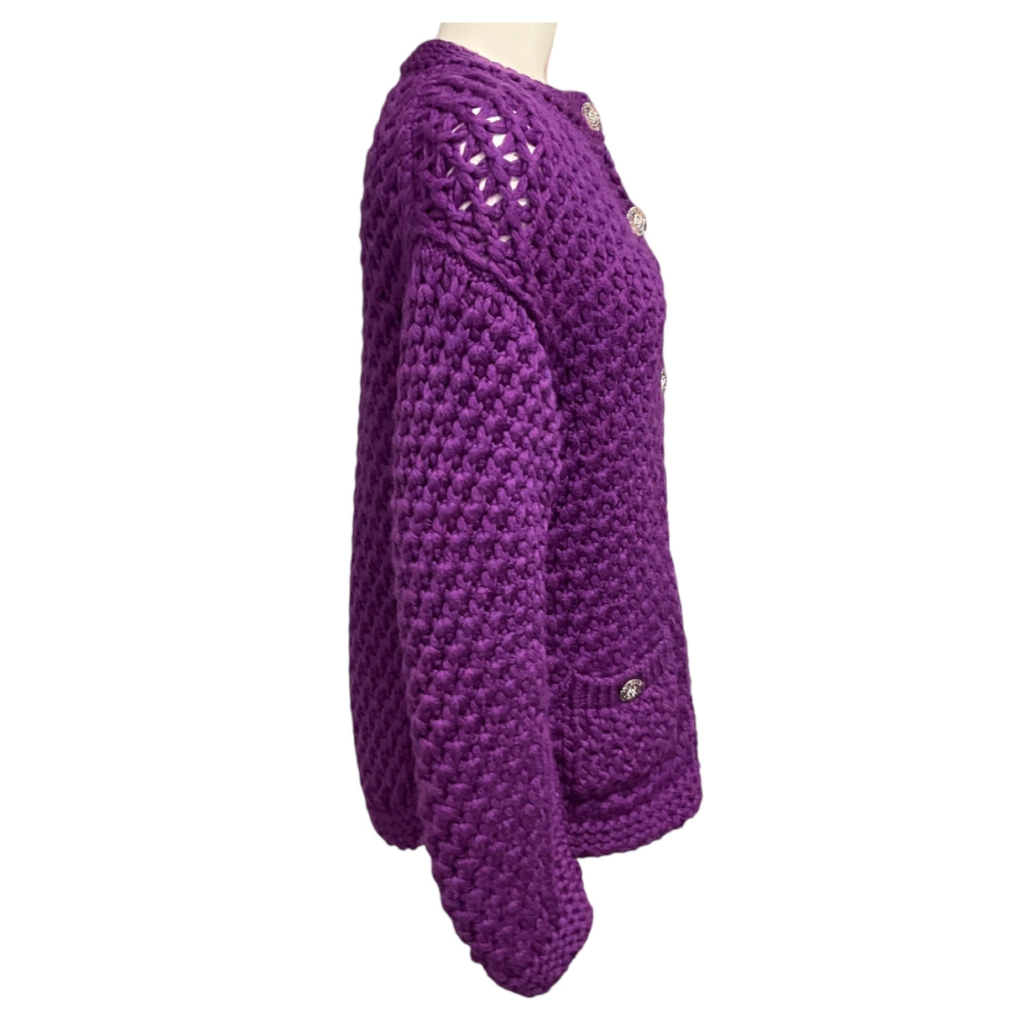 Chanel Purple Chunky Open Knit Cardigan Sweater with Rhinestone Embellished CC Logo Buttons