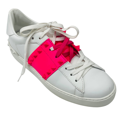 Valentino White / Hot Pink Rockstud Untitled Leather Sneakers