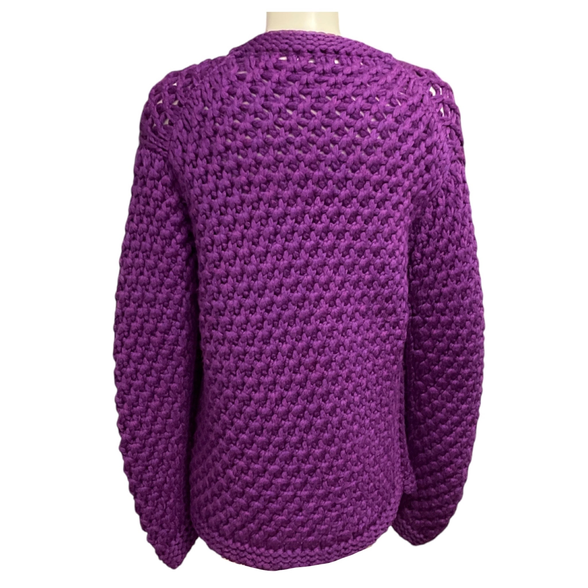 Chanel Purple Chunky Open Knit Cardigan Sweater with Rhinestone Embellished CC Logo Buttons