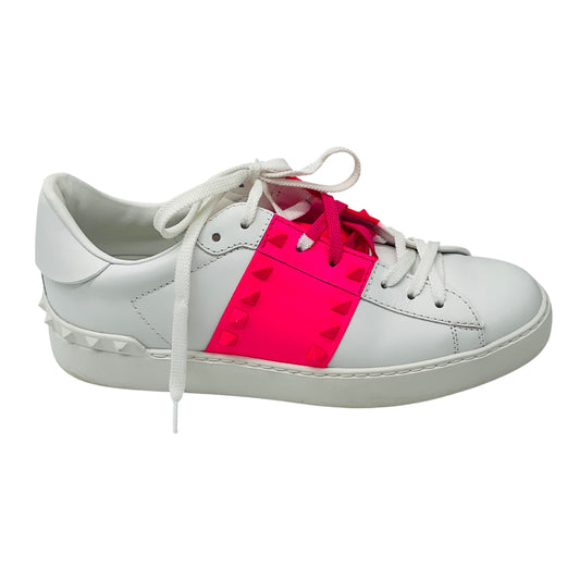 Valentino White / Hot Pink Rockstud Untitled Leather Sneakers