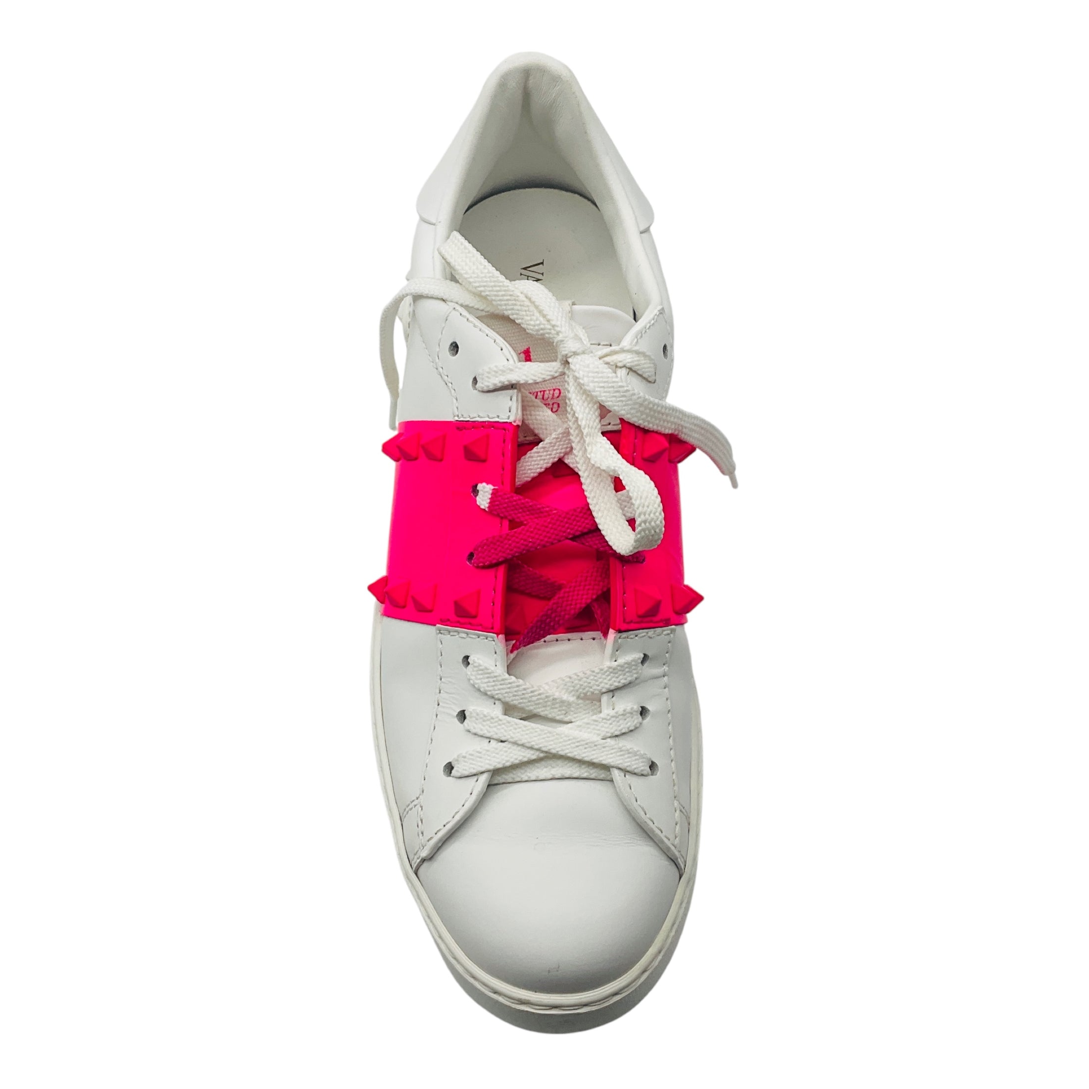 Valentino White / Hot Pink Rockstud Untitled Leather Sneakers