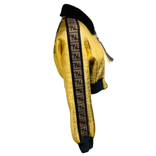 Fendi Gold Metallic / Brown FF Logo Trimmed Crinkled Lambskin Leather Cropped Zip Front Jacket with Black Lamb Shearling Lining