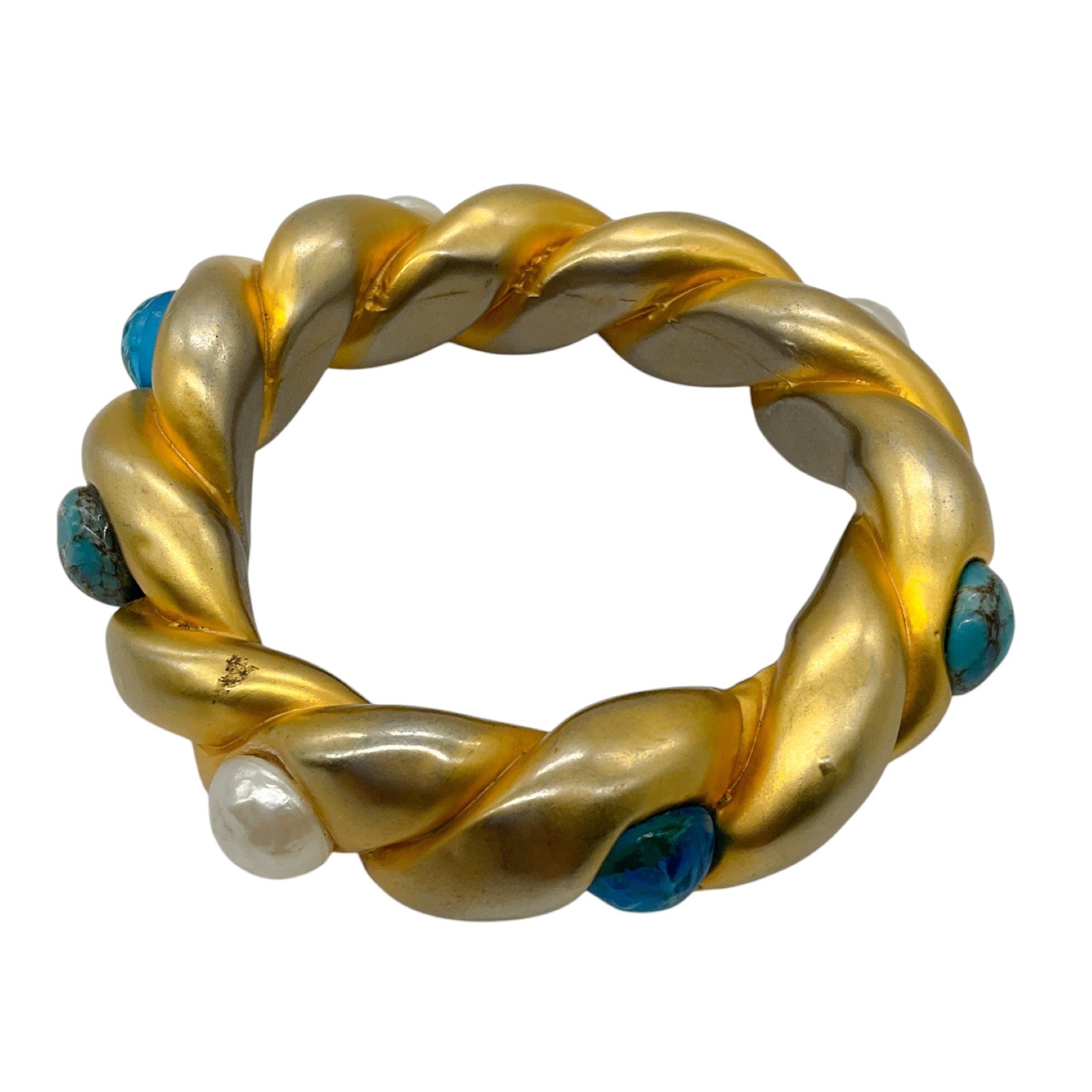 Chanel Vintage Pearl and Aqua Resin Embellished Gold Enamel Chunky Bangle Bracelet