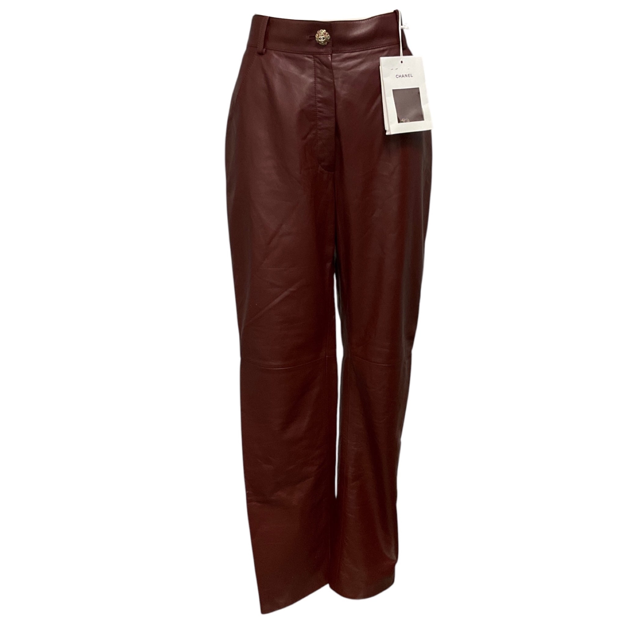 Chanel Burgundy 2022 Silk Lined Lambskin Leather Pants with CC Logo Jewel Button
