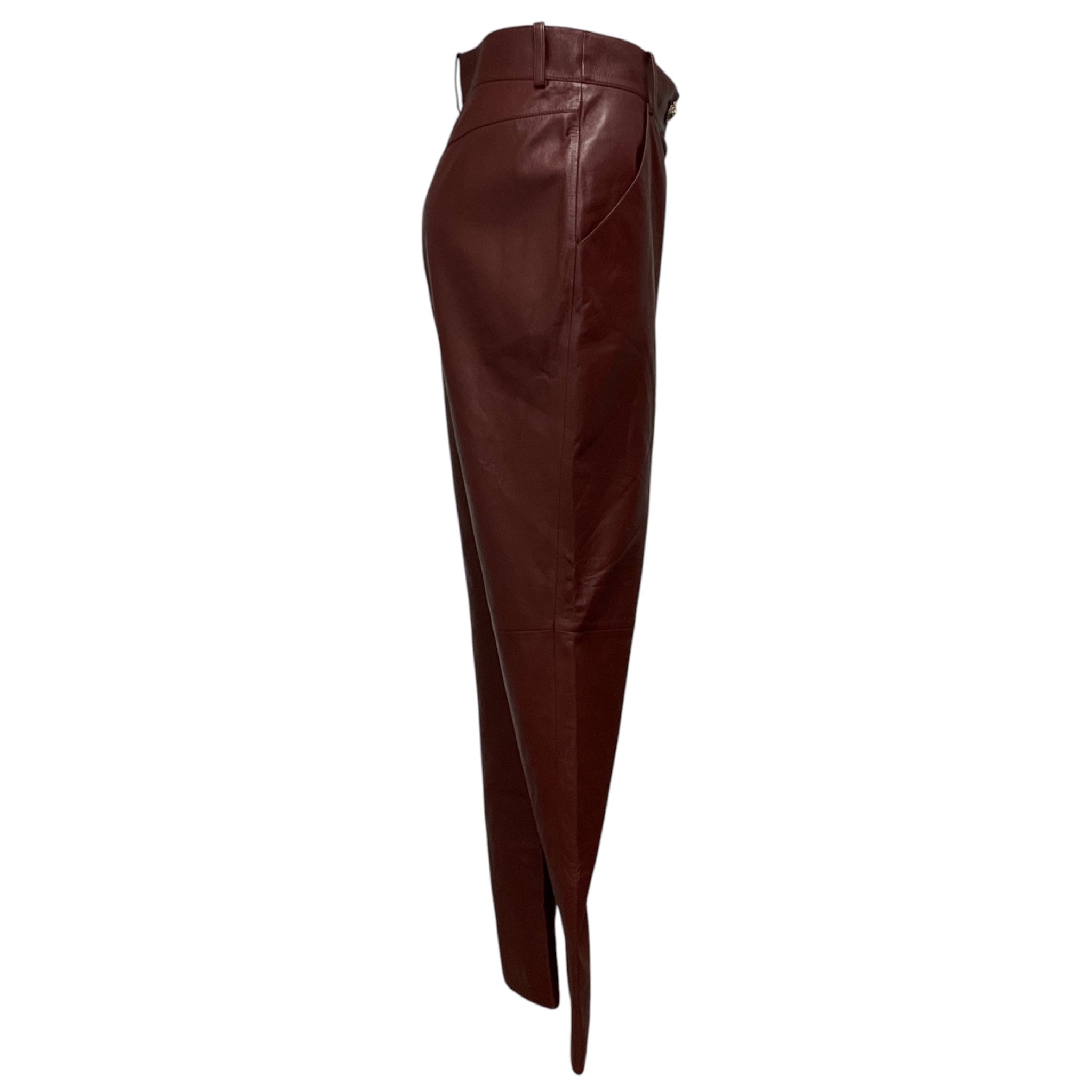 Chanel Burgundy 2022 Silk Lined Lambskin Leather Pants with CC Logo Jewel Button