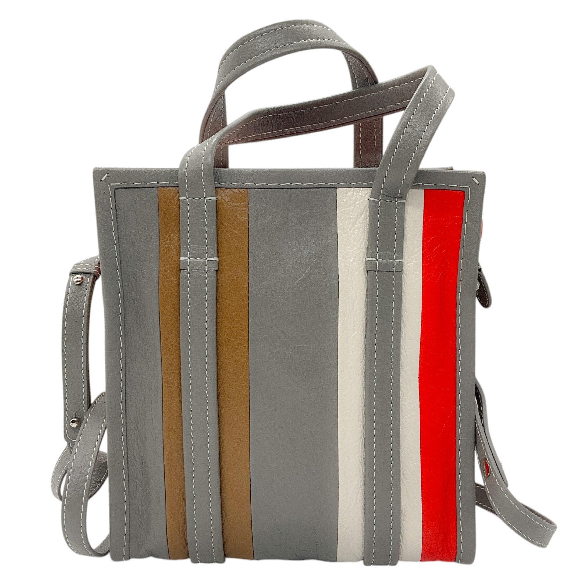 Balenciaga Grey / Orange / White Bazar Stripe 2Way Leather Shopper Tote Bag