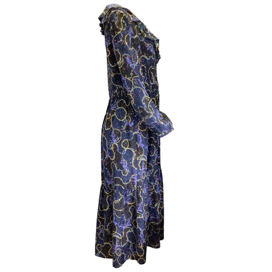 Saloni Navy Blue Multi Cosmo Dancers Print Silk Crepe de Chine Ginny Midi Dress