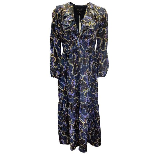 Saloni Navy Blue Multi Cosmo Dancers Print Silk Crepe de Chine Ginny Midi Dress