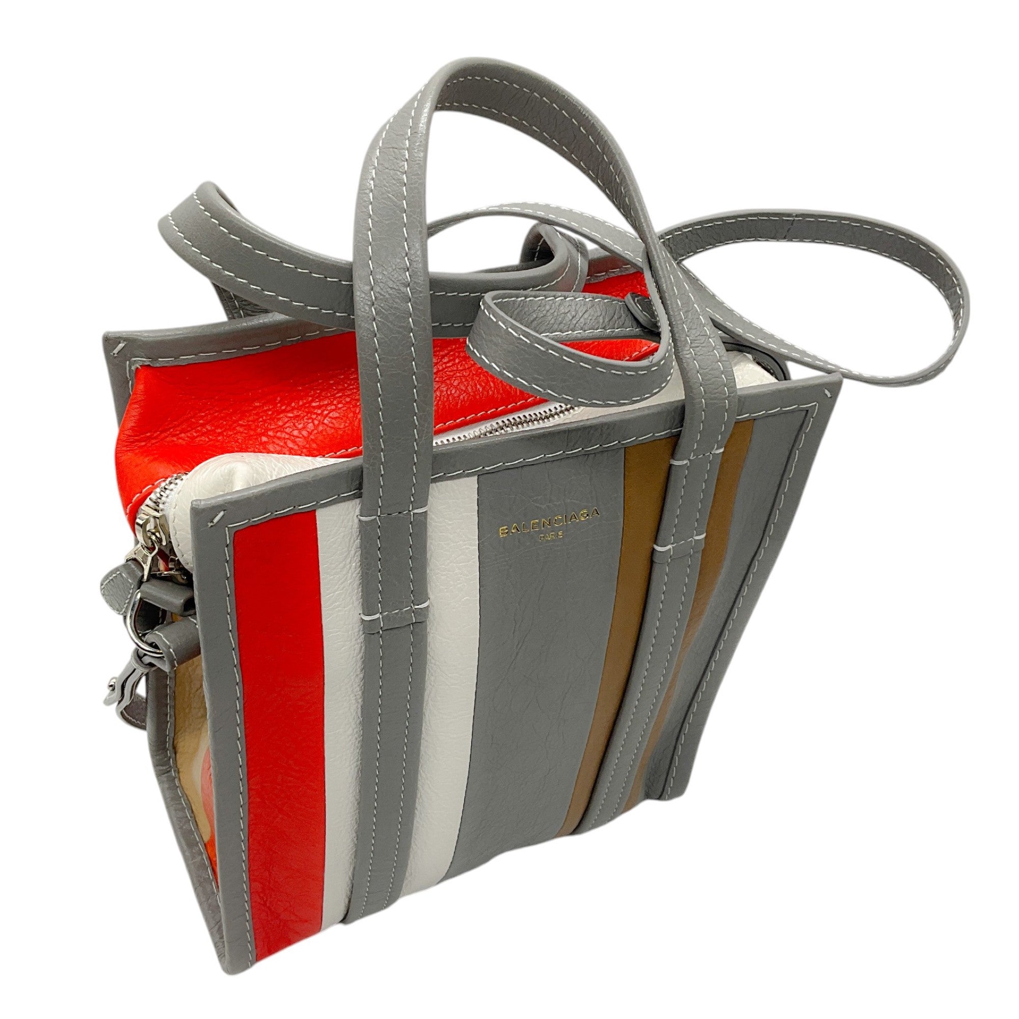 Balenciaga Grey / Orange / White Bazar Stripe 2Way Leather Shopper Tote Bag