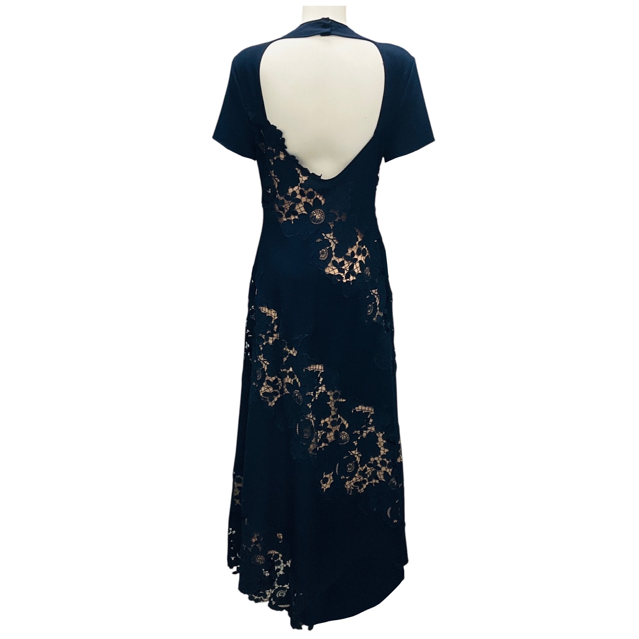 Oscar de la Renta Navy Blue Mixed Botanical Guipure Inset Maxi Dress