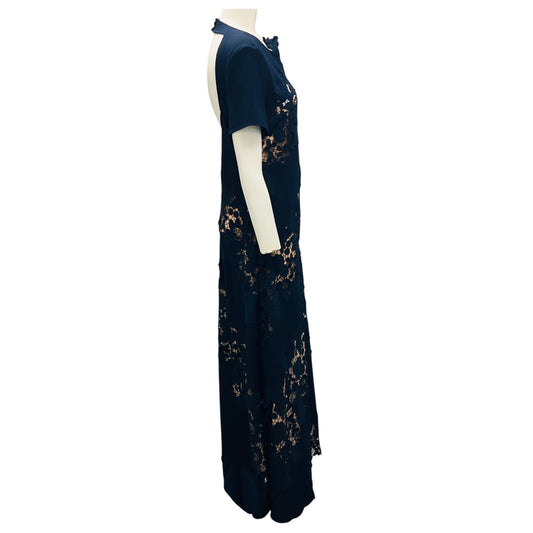 Oscar de la Renta Navy Blue Mixed Botanical Guipure Inset Maxi Dress