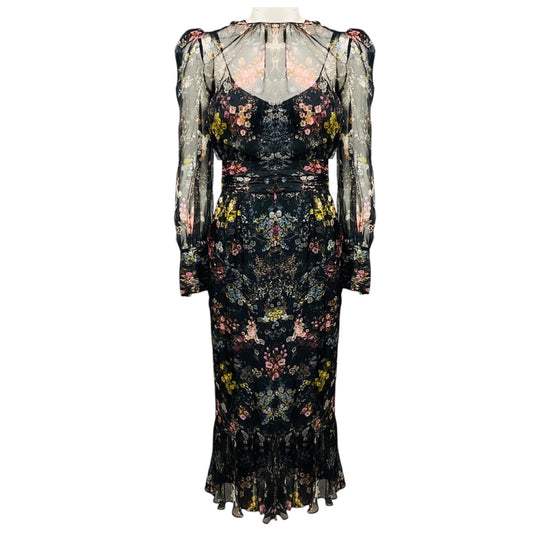 Cinq a Sept Black Multi Marianne Floral Silk Organza Puff Sleeve Midi Dress