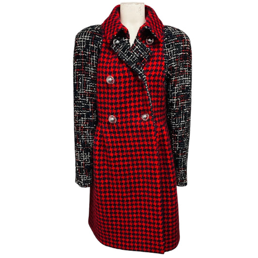 Chanel Red / Blue / Black Multi Double Breasted Mid Length Tweed Coat with CC Logo Buttons