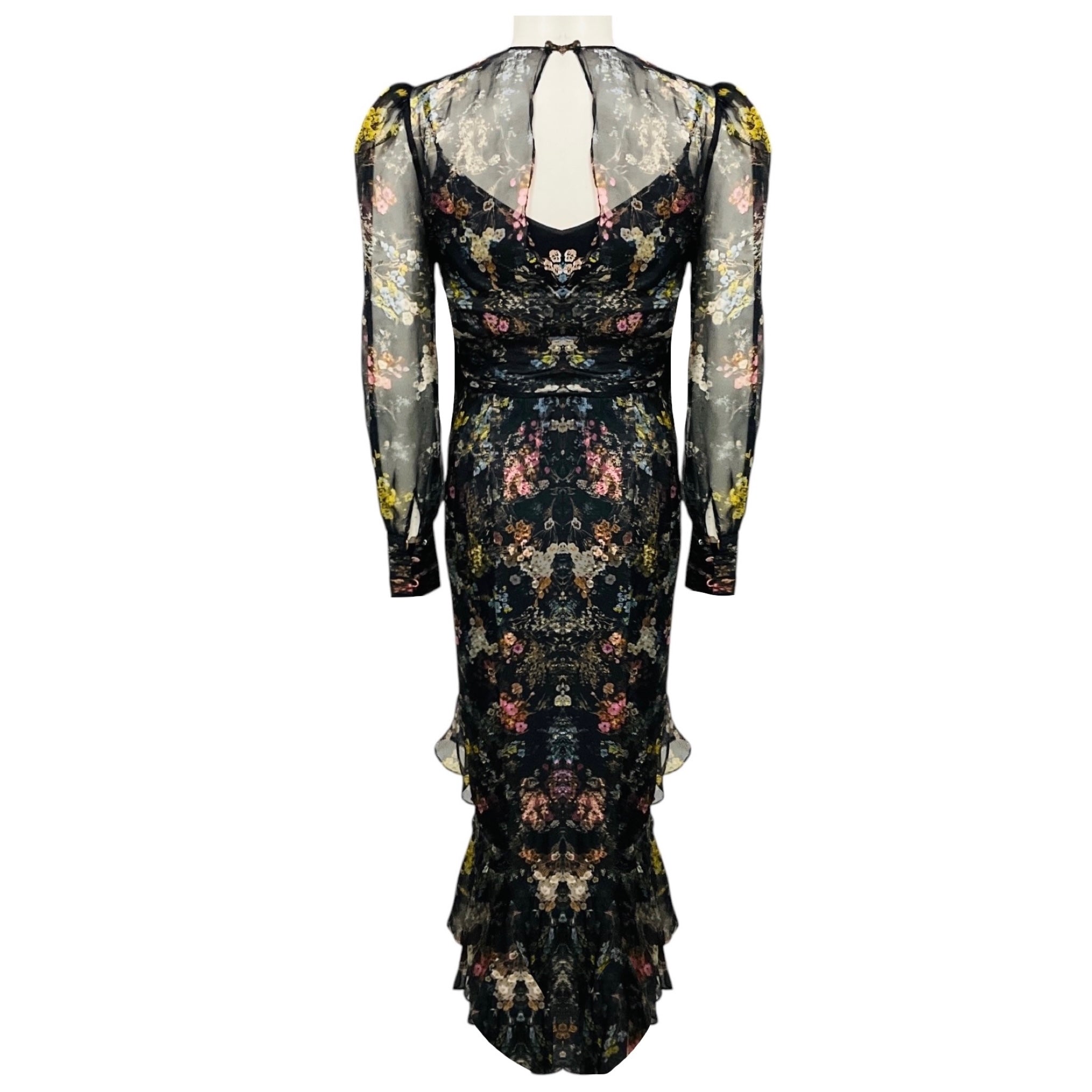 Cinq a Sept Black Multi Marianne Floral Silk Organza Puff Sleeve Midi Dress