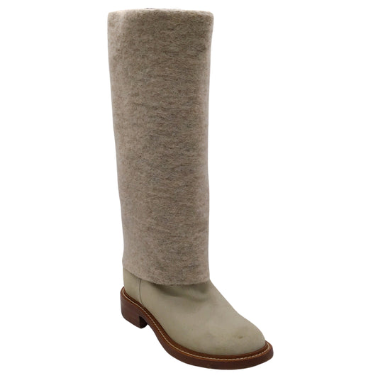 Chanel Beige CC Logo Calfskin Suede and Wool Tall Fold-Over Boots