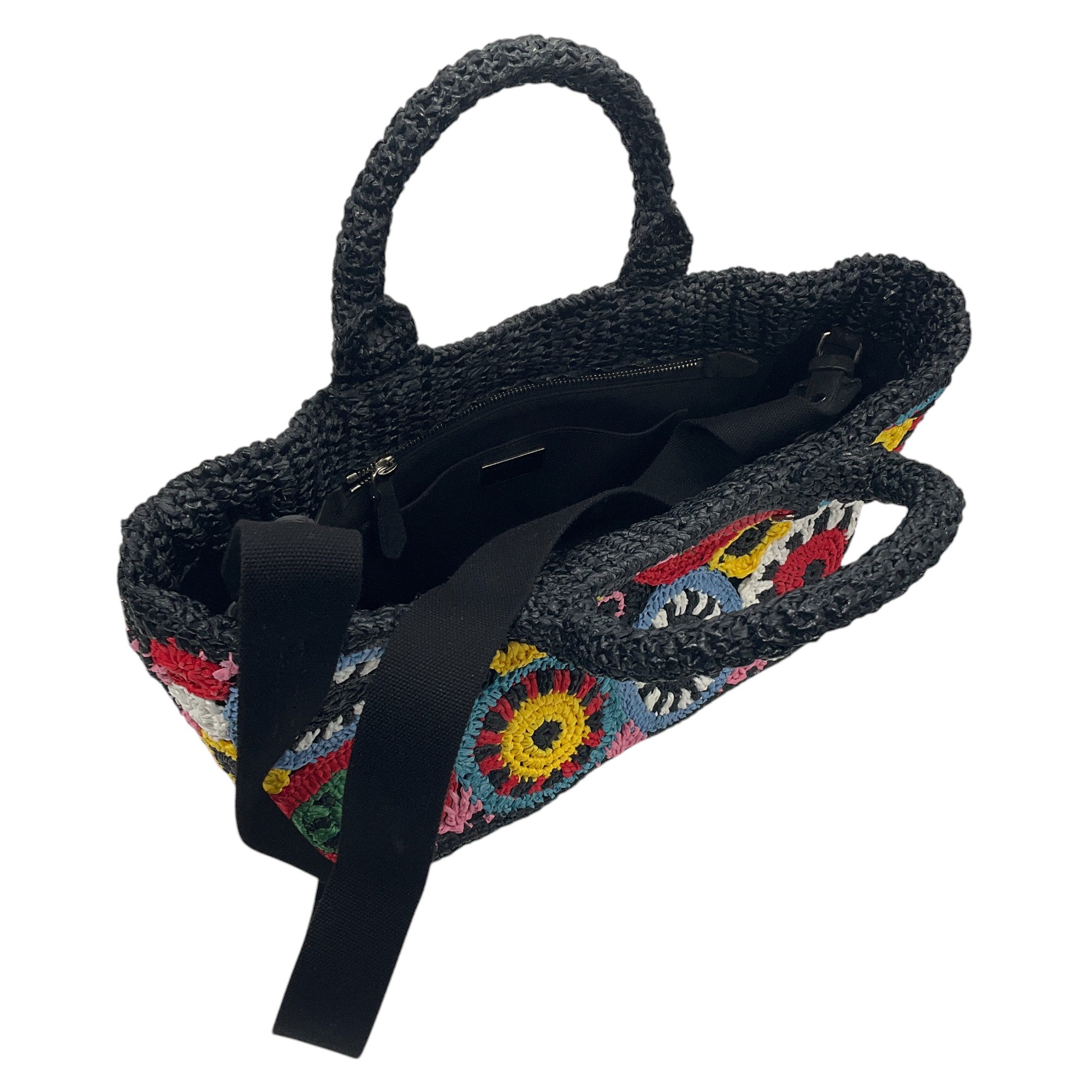 Prada Black Multi Raffia Circle Tote