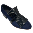 Load image into Gallery viewer, Billy Reid Navy Blue / Black Patent Leather Fringed Calf Hair Loafer
