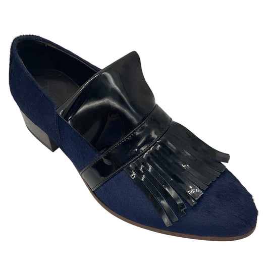 Billy Reid Navy Blue / Black Patent Leather Fringed Calf Hair Loafer