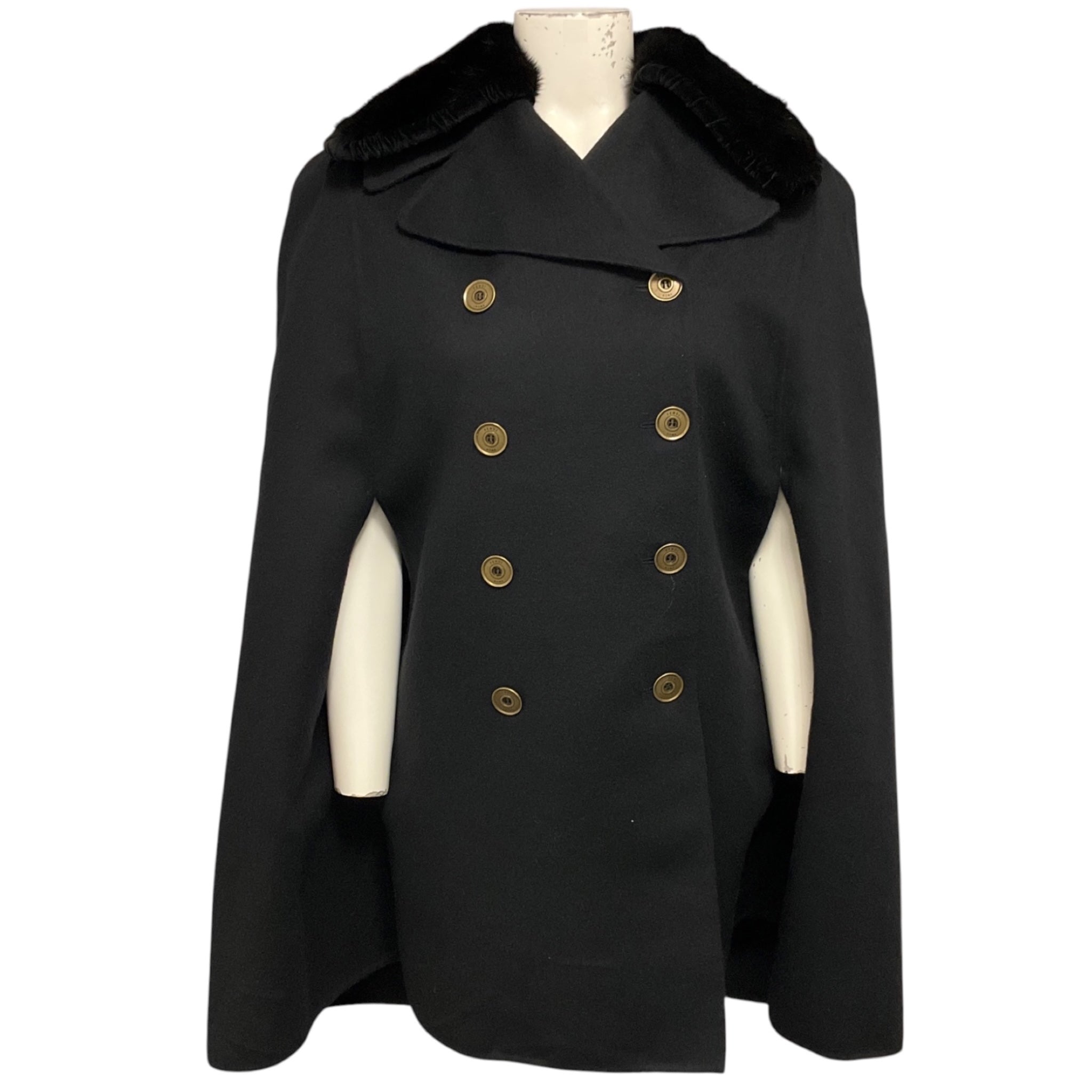 Fendi Black Double Breasted Wool Cape Coat with Mink Fur Collar