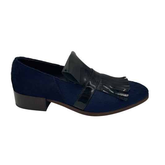 Billy Reid Navy Blue / Black Patent Leather Fringed Calf Hair Loafer