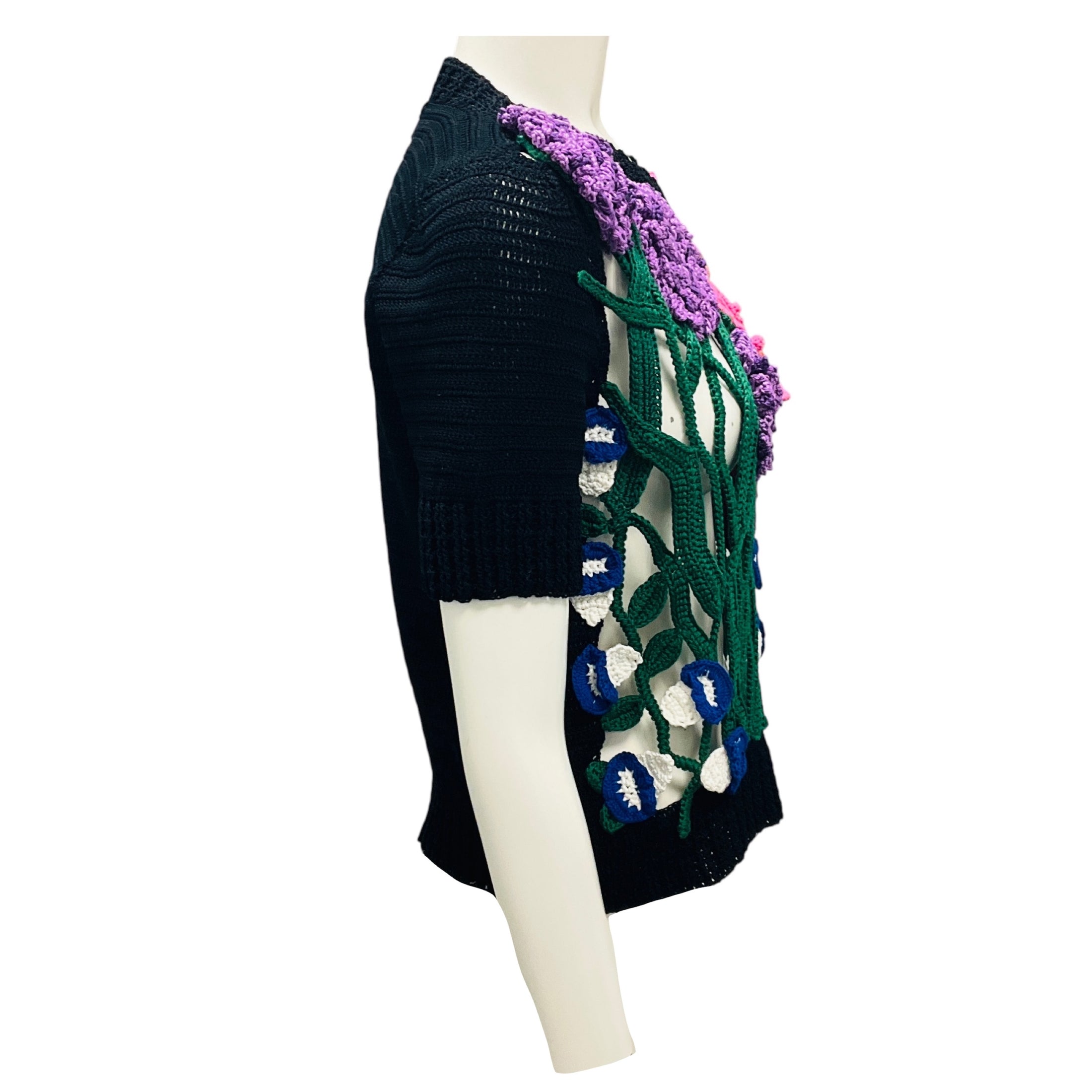 Oscar de la Renta Black Multi Floral Crochet Knit Sweater