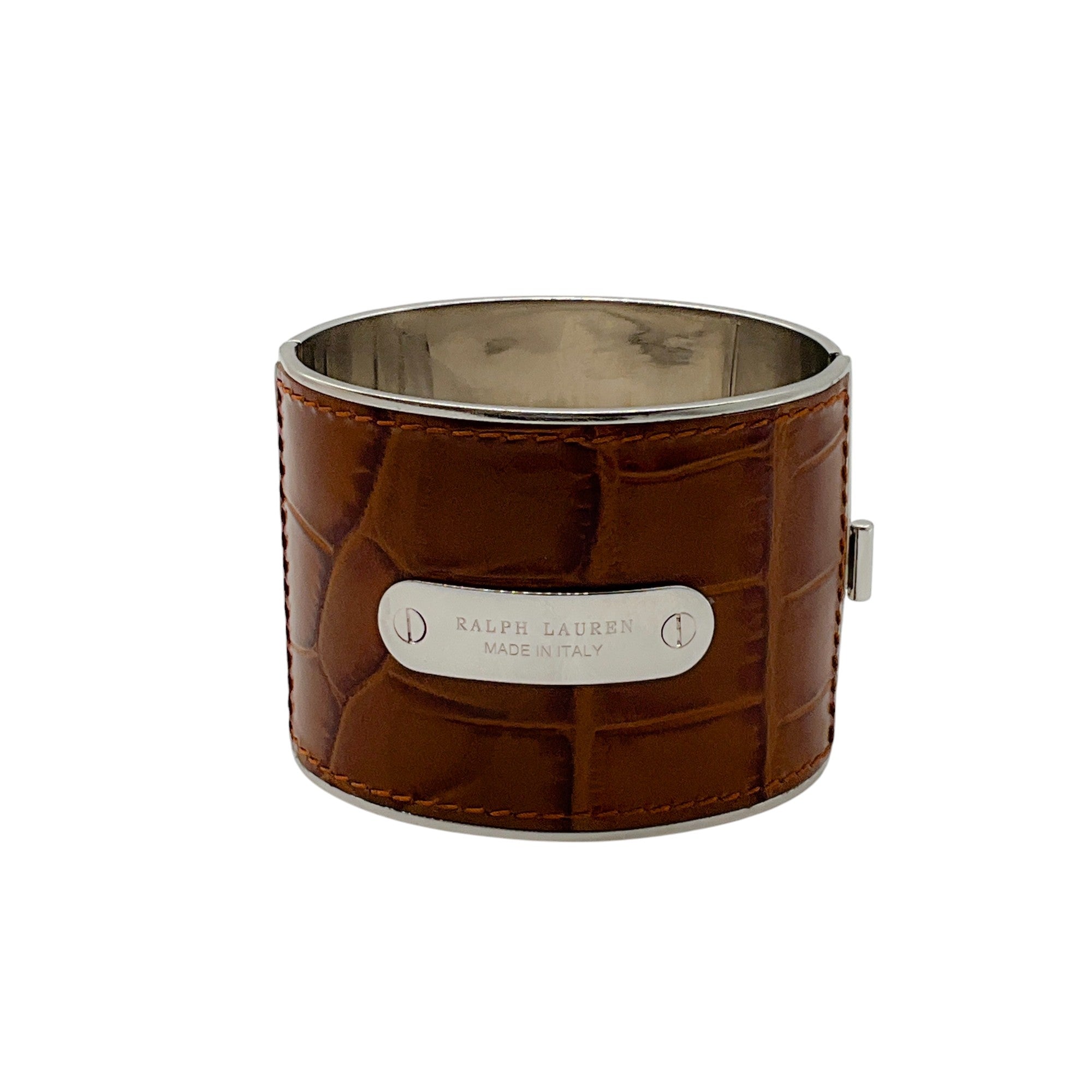 Ralph Lauren Collection Brown / Silver Embossed Leather Wide Hinged Cuff Bracelet