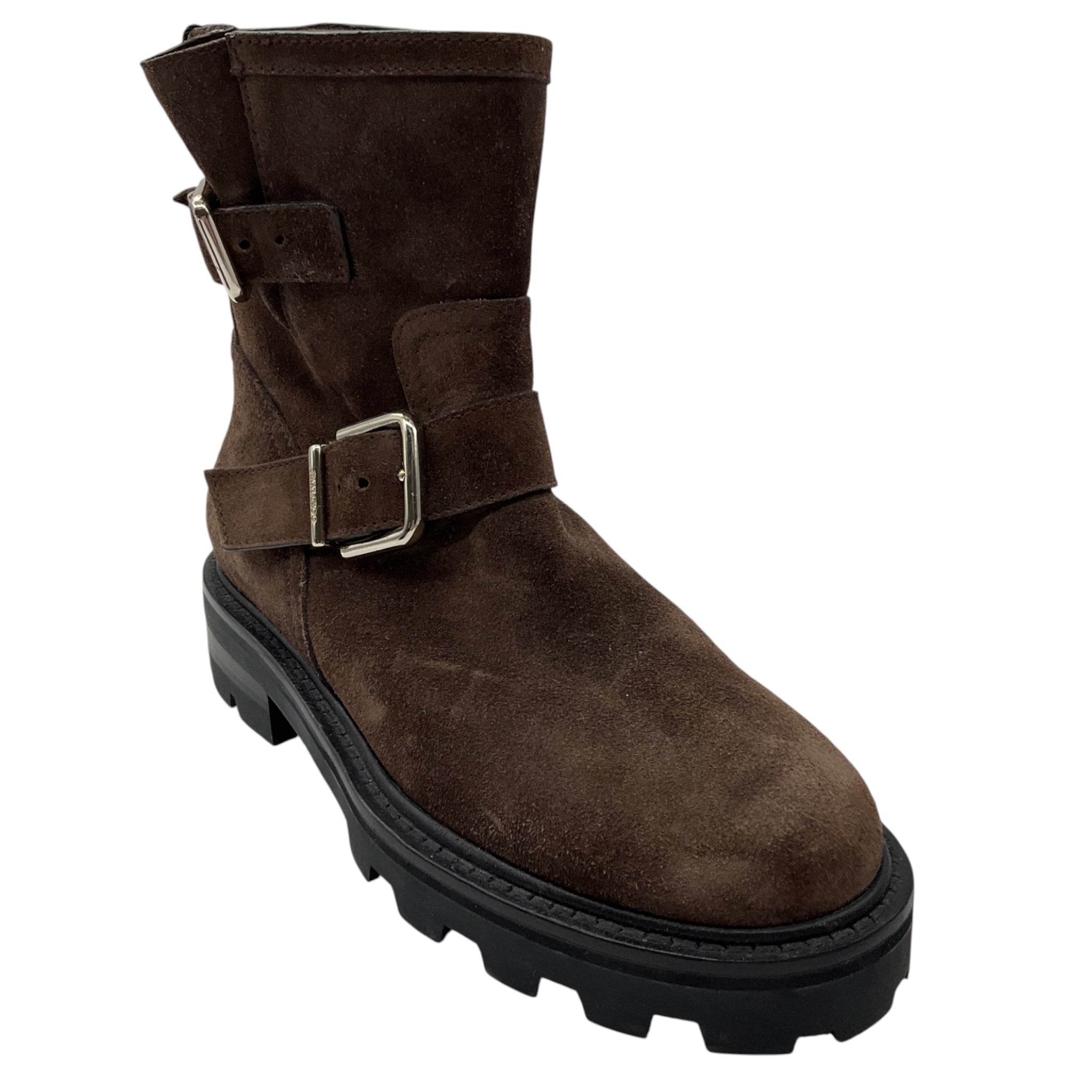 Jimmy Choo Brown Suede Leather Moto Boots with Buckle Detail
