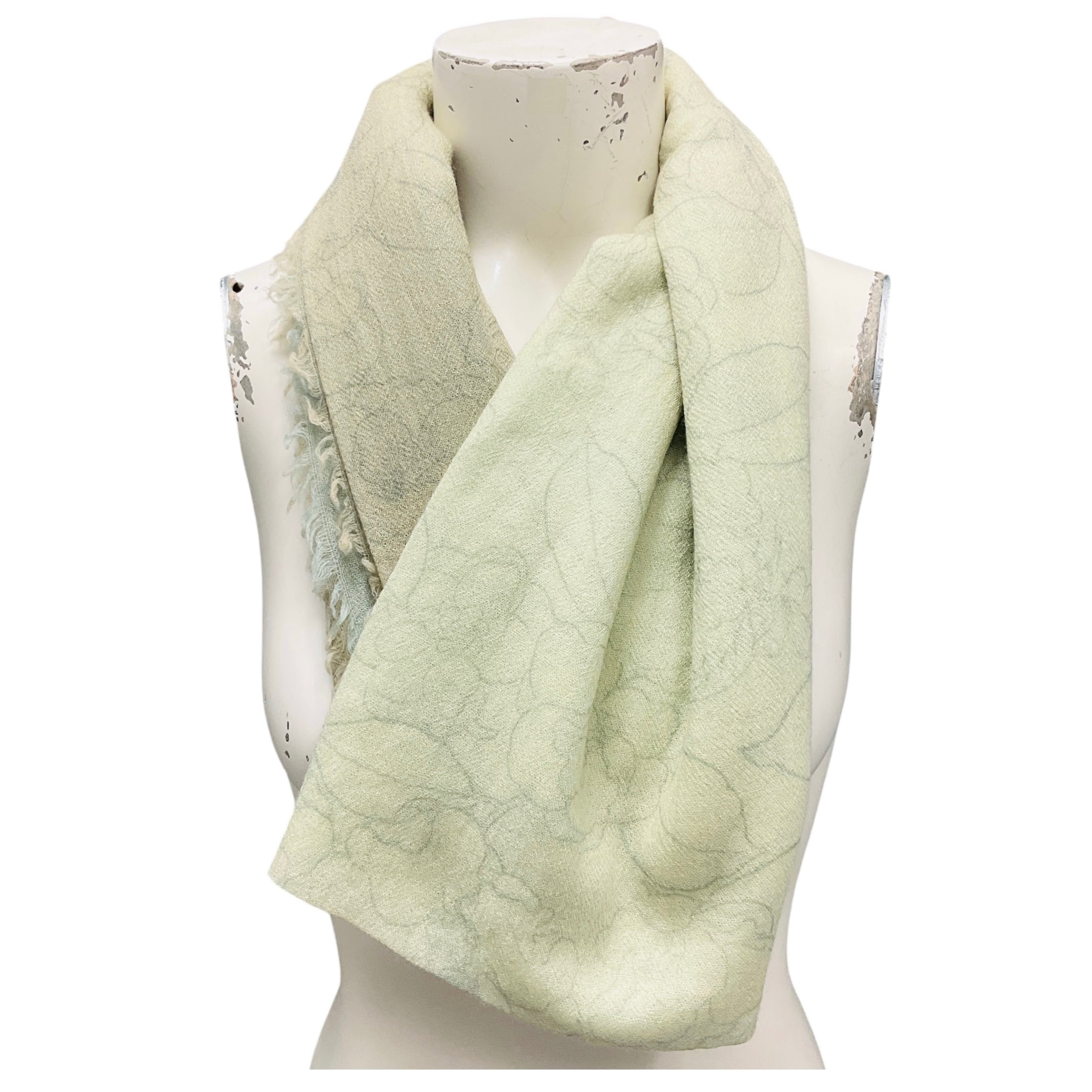 Chanel Light Green Ombre Effect CC Logo and Camellia Print Fringed Sheer Cashmere Scarf