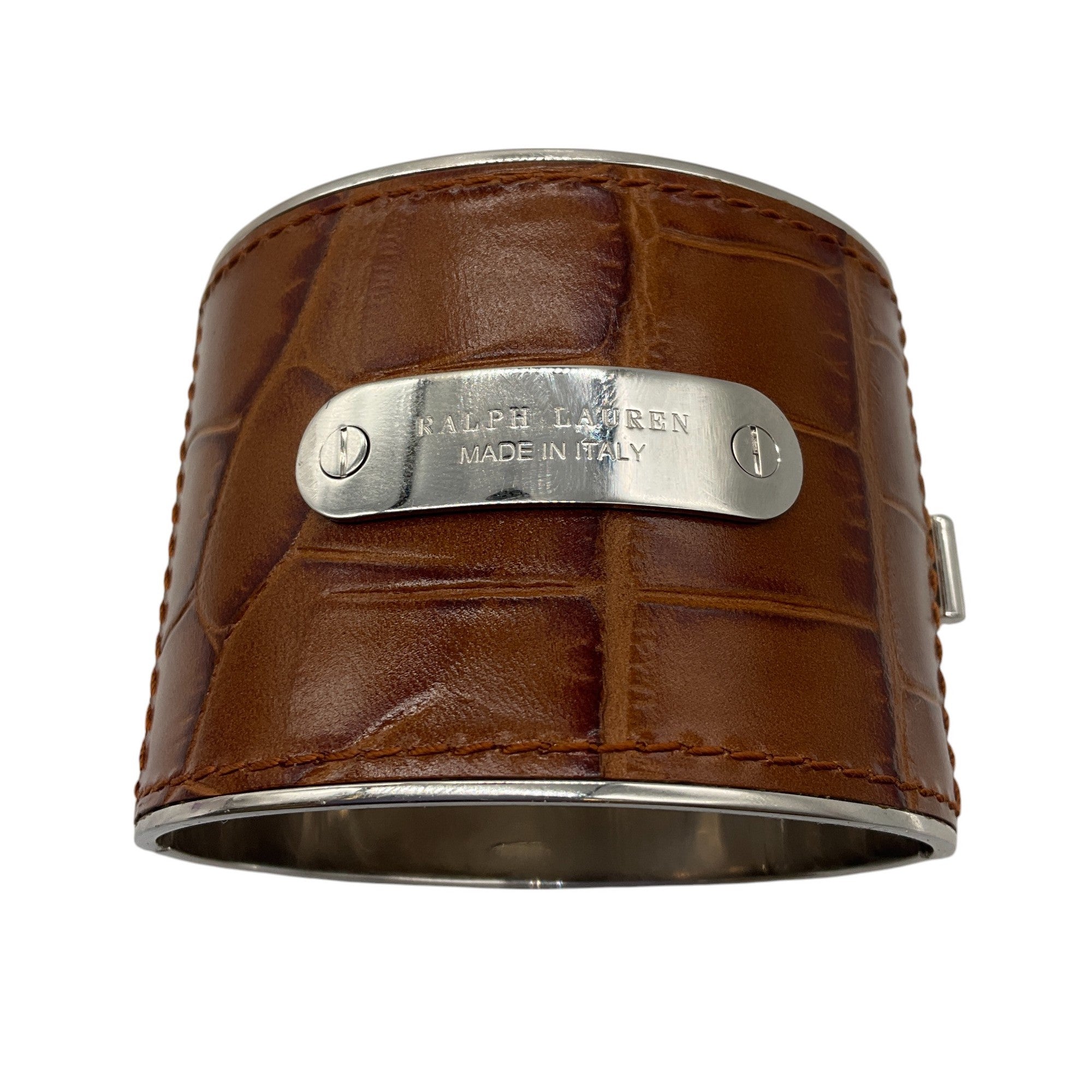 Ralph Lauren Collection Brown / Silver Embossed Leather Wide Hinged Cuff Bracelet