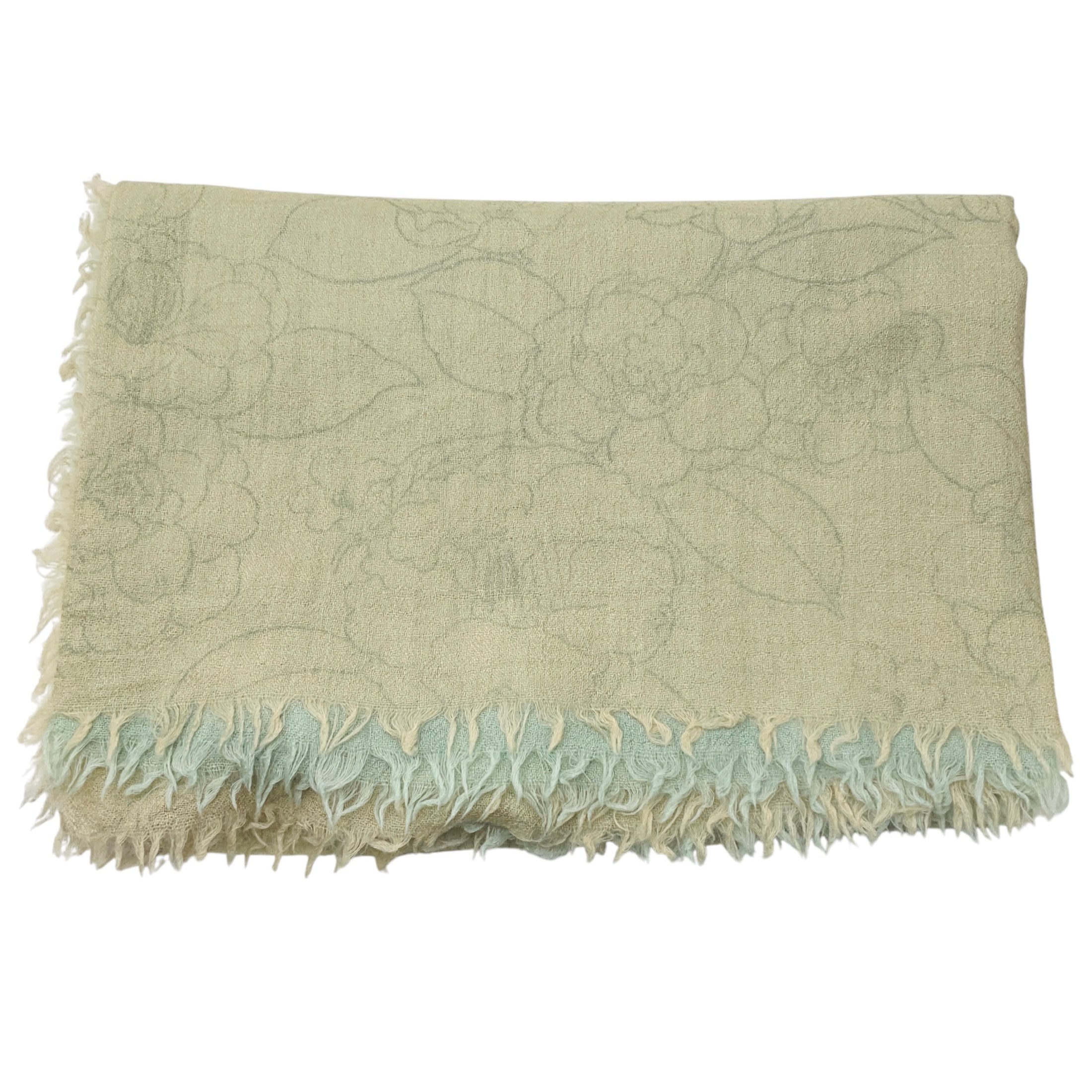 Chanel Light Green Ombre Effect CC Logo and Camellia Print Fringed Sheer Cashmere Scarf