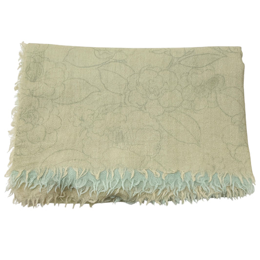 Chanel Light Green Ombre Effect CC Logo and Camellia Print Fringed Sheer Cashmere Scarf